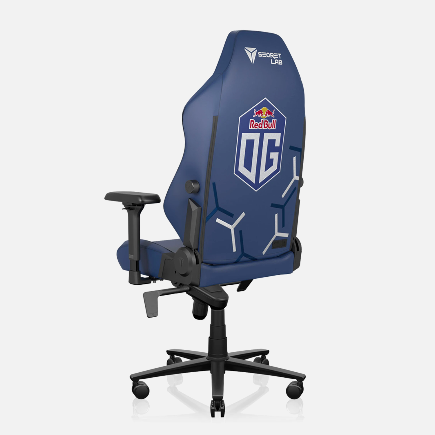 Secretlab gaming chair in dark blue fabric, customized for Esports Team OG, featuring an ergonomic design, adjustable armrests, and a large backrest with the OG team logo. The chair is displayed against a white background.